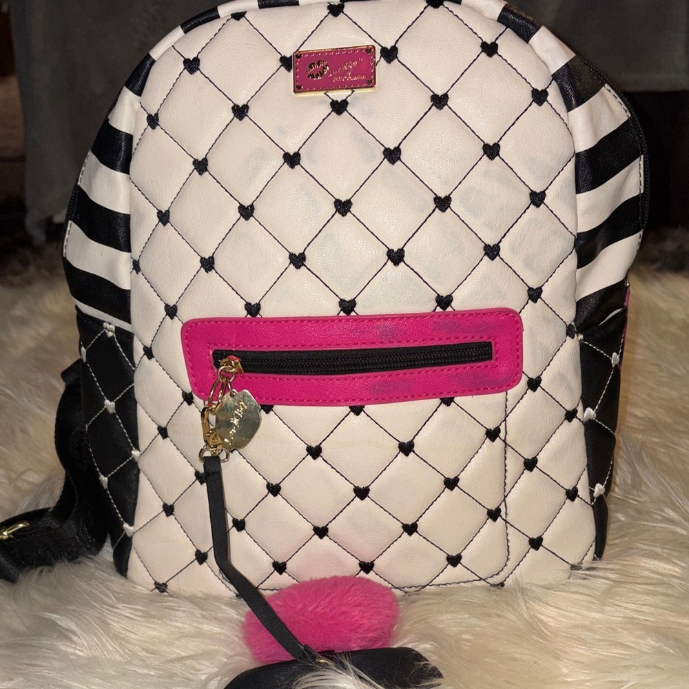 Betsey Johnson White Quilted Backpack with Black Stripes and Hot Pink Accents